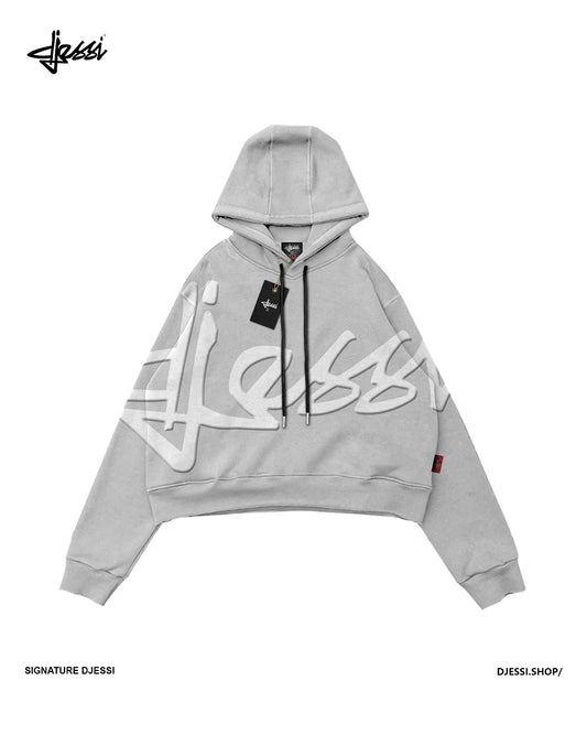 Signature Cropped Hoodie Light Gray/White